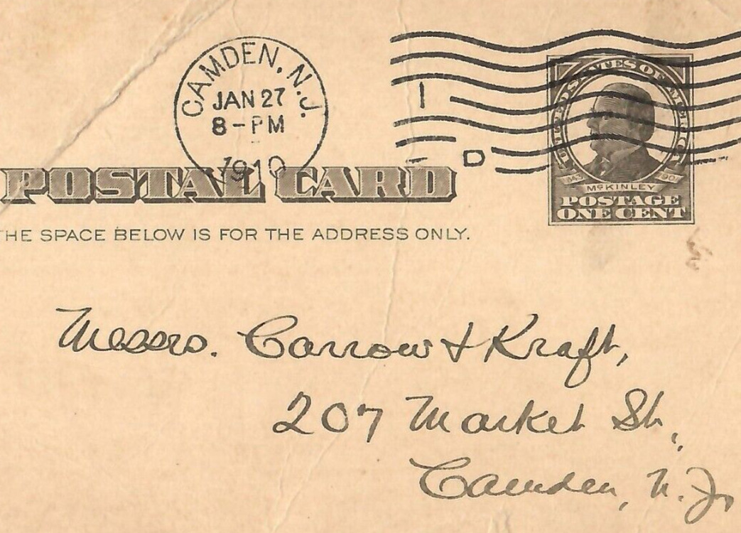 Antique Vintage 1910 US Postal Card Postcard Message Camden New Jersey NJ