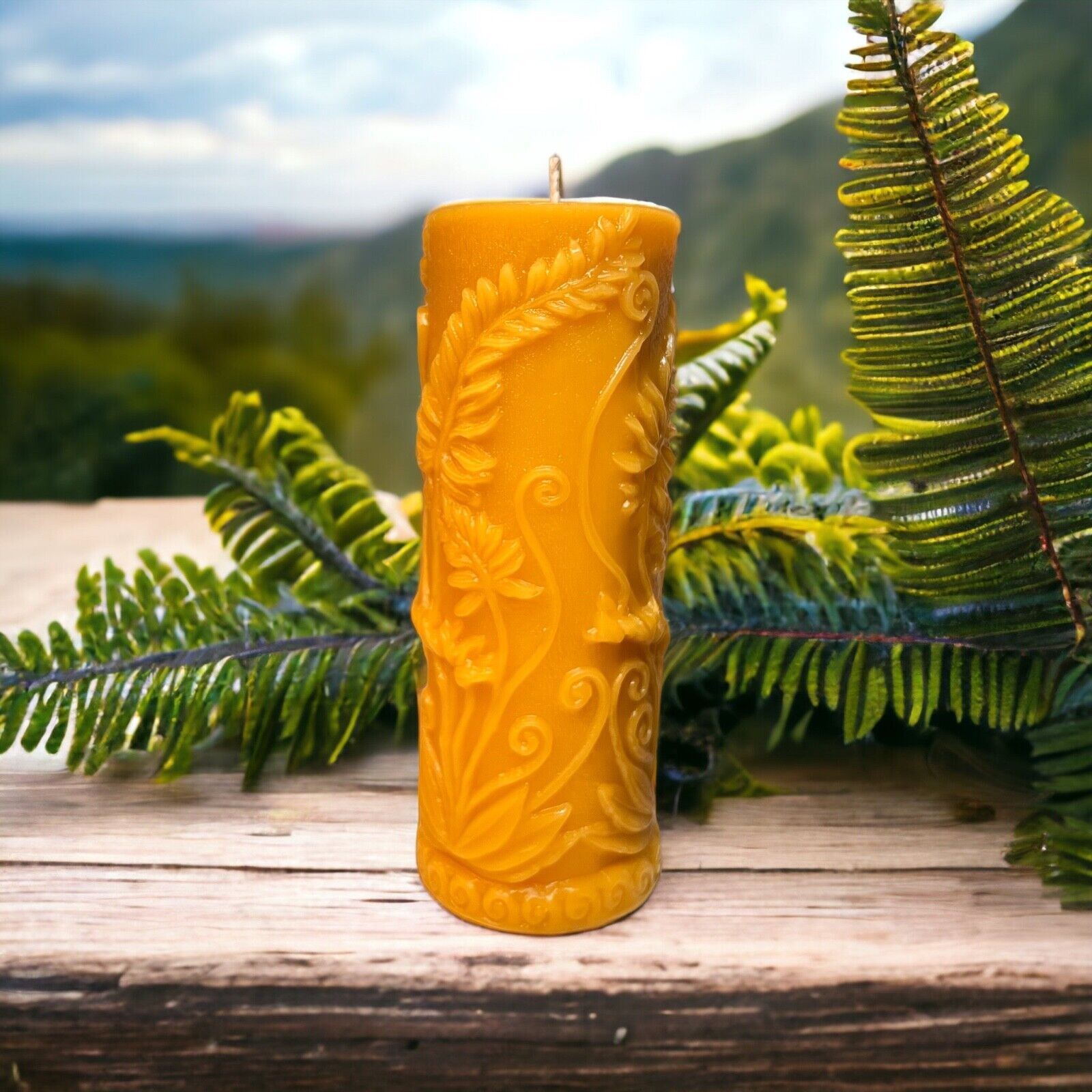 Rustic Fern Pure Beeswax Pillar candle, Large Size, Eco-Friendly, Handmade