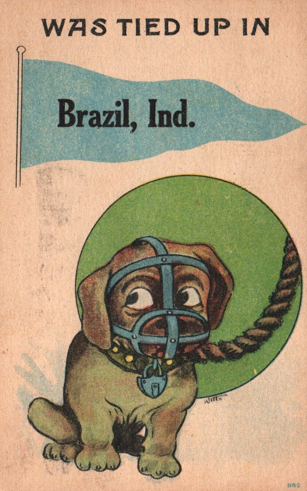 Brazil Indiana Humor Postcard 1918 Was Tied up in Brazil Ind Dog Posted