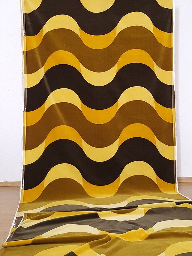 5,7 yards vintage velvet fabric mustard-yellow brown waves 60s 70s mid-century