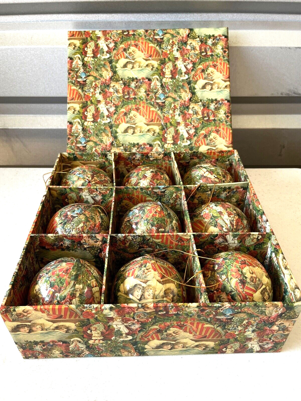 Victorian Style 9 Christmas Ornament Decoupage Set in Matching Box