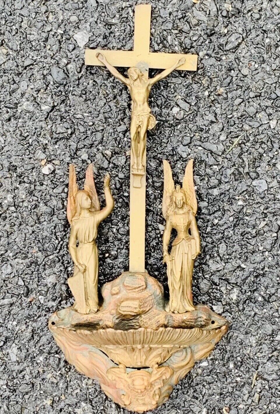 Antique Italian Bronze Holy Water Font With Jesus On The Cross And Two Angels