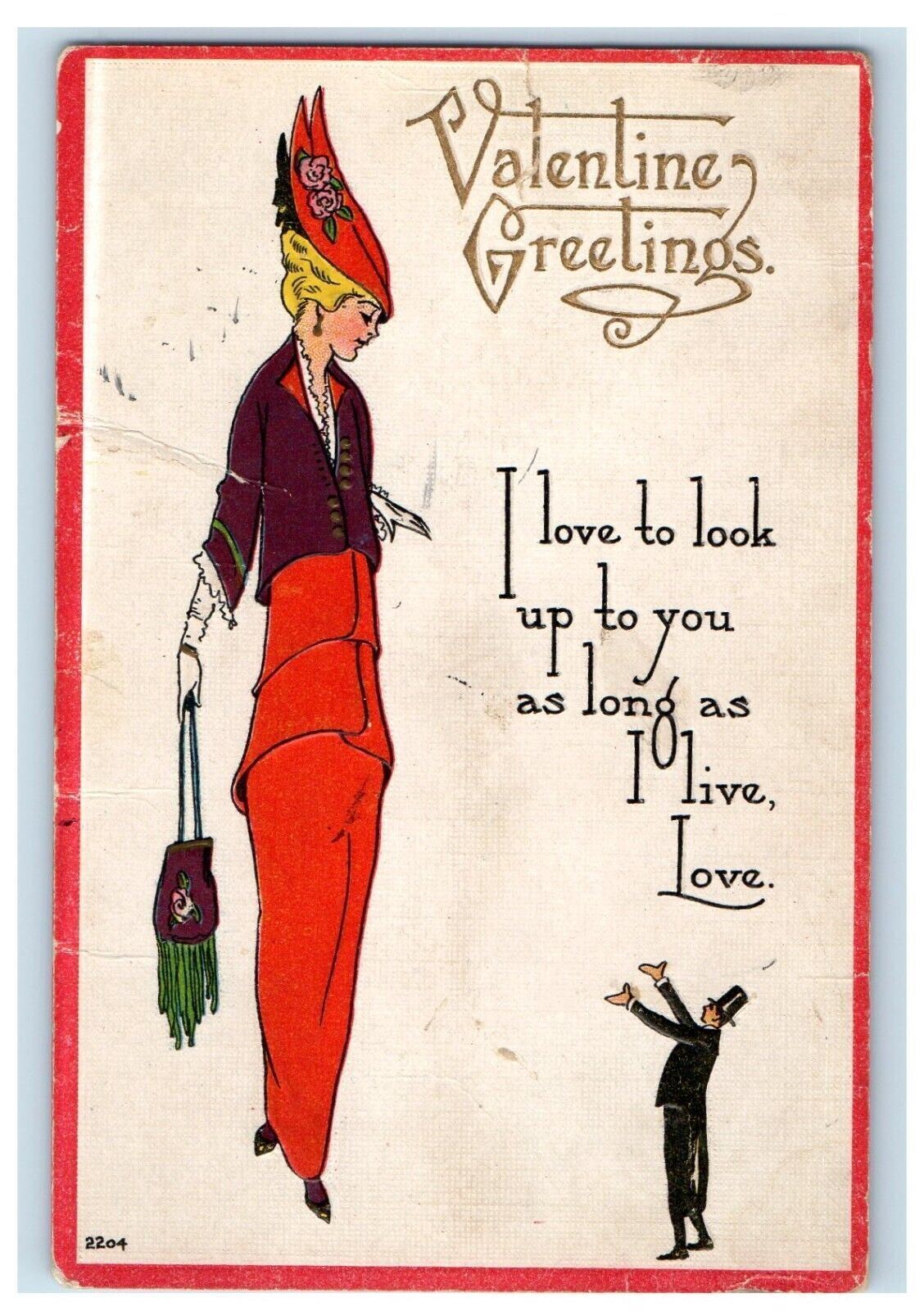 c1910's Valentine Greetings Tall Girl Magician Embossed Antique Postcard
