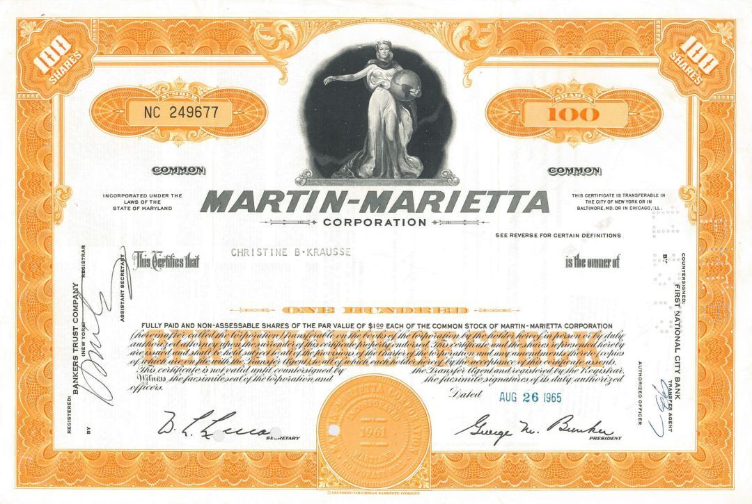 Martin Marietta Corporation - 1960's-70's dated Aviation Stock Certificate - Has