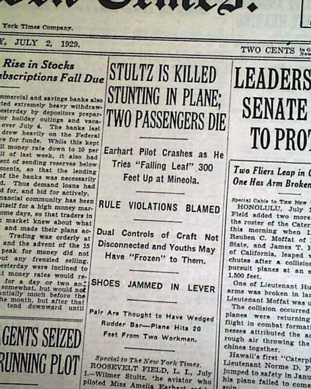 AMELIA EARHART Atlantic Ocean Flight Pilot Wilmer Stultz KILLED 1929 Newspaper