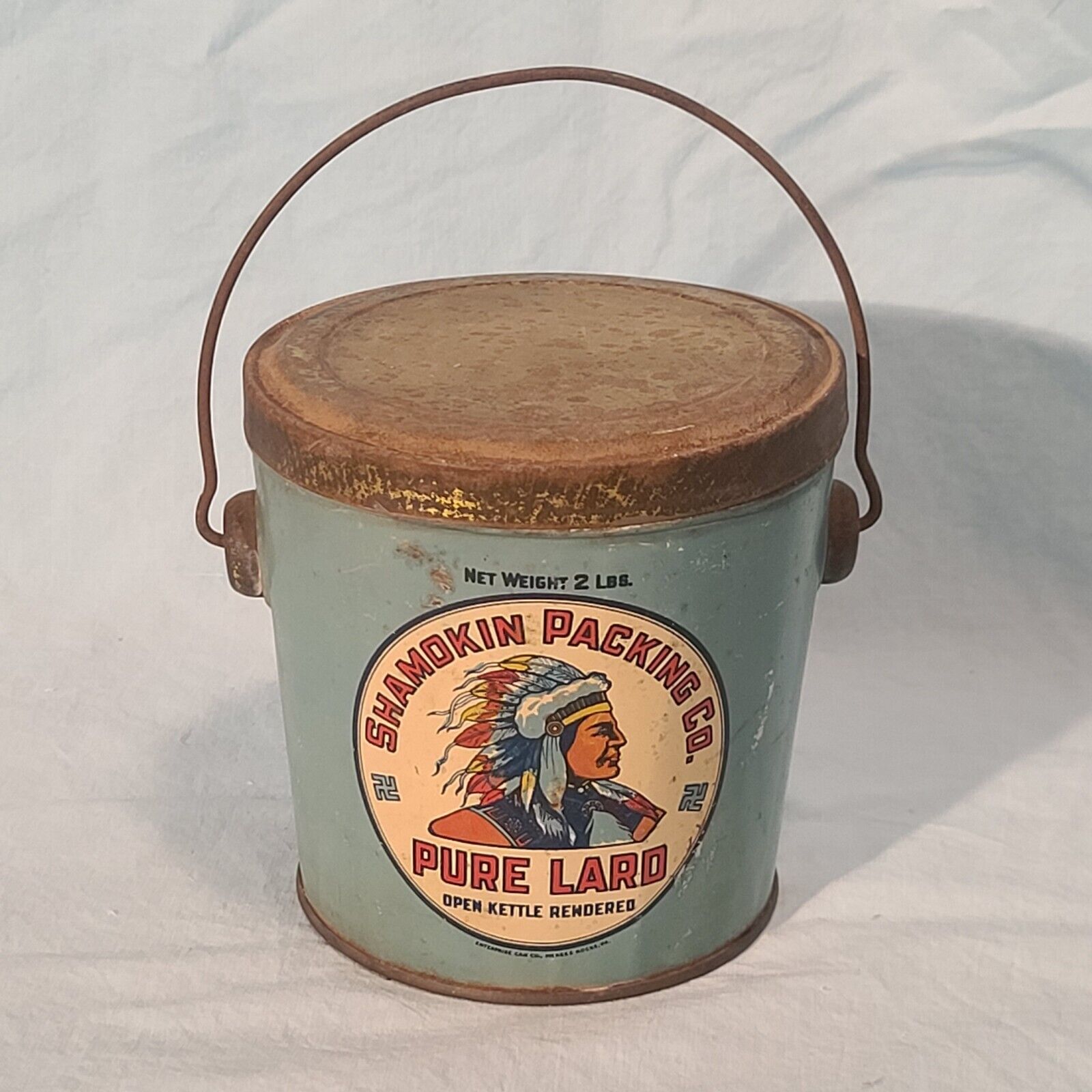 Rare Shamokin Packing Co. 2lb Pure Lard Can/  Tin / Pail, Indian Chief Graphic