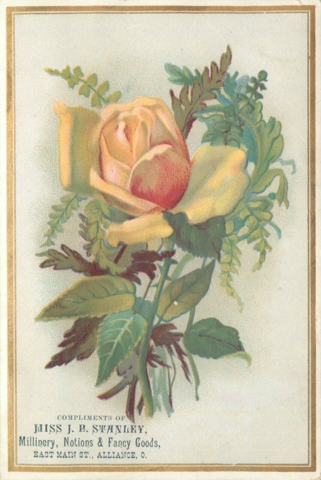 Tradecard, Miss J.B. Stanley, Millinery, Notions & Fancy Goods, Alliance OH 1887
