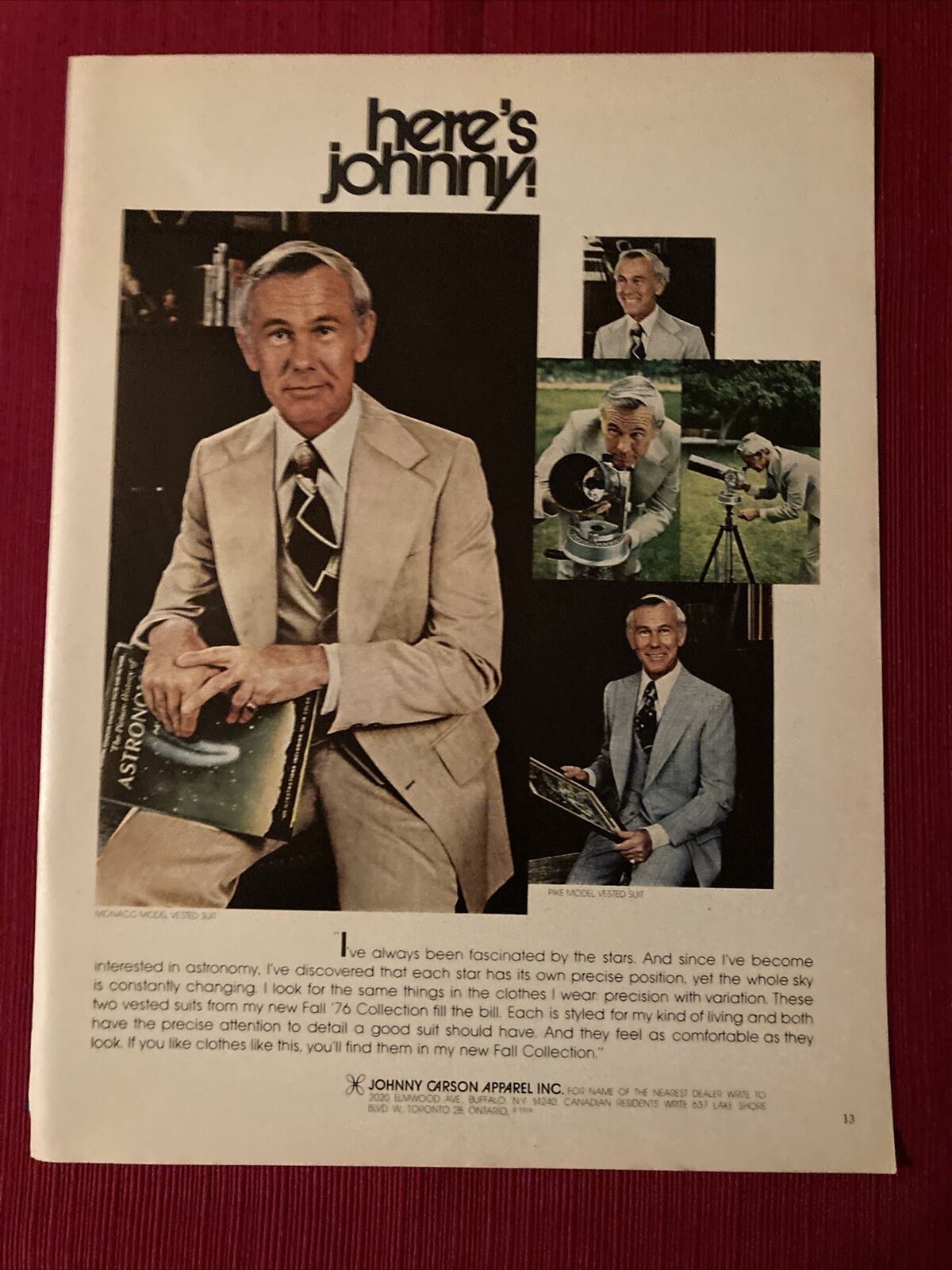 Johnny Carson Apparel 1976 Print Ad Promo - Great to Frame