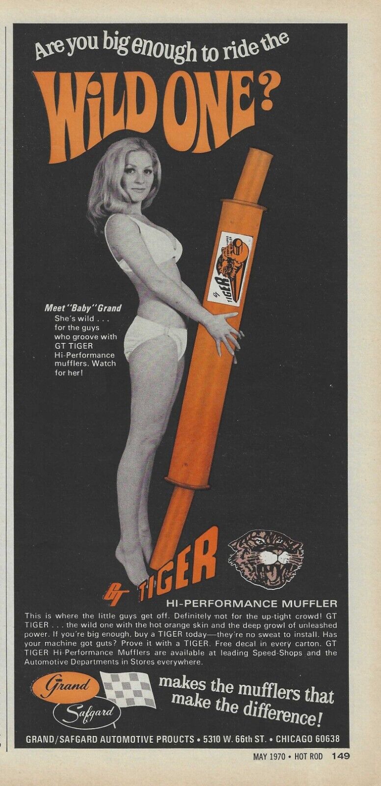 1970 Grand Safgard Magazine Ad GT Tiger Performance Muffler Pretty Bikini Girl 7