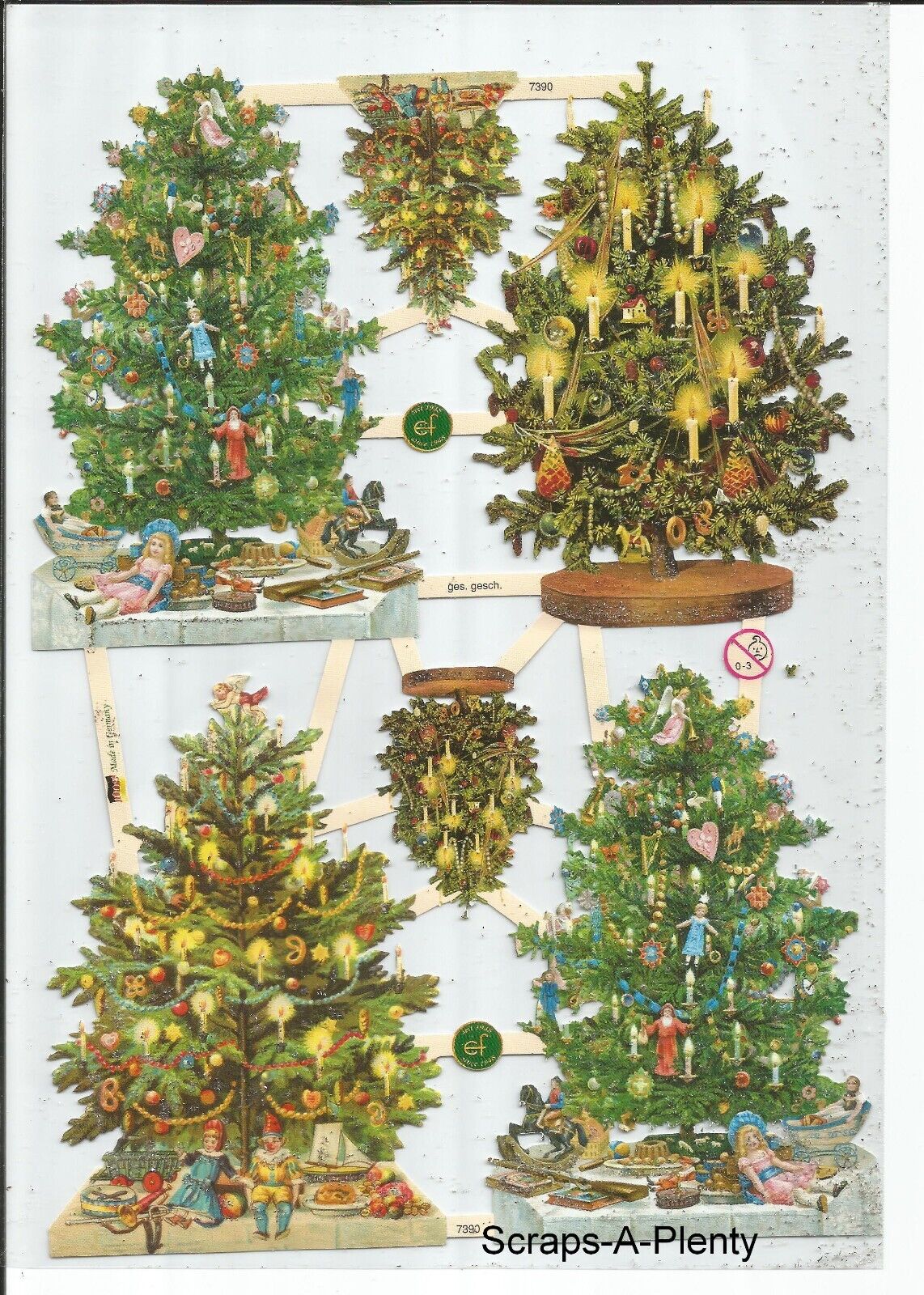 German SILVER GLITTER Scrap Die Cut - Decorated Christmas Trees  EF7390G
