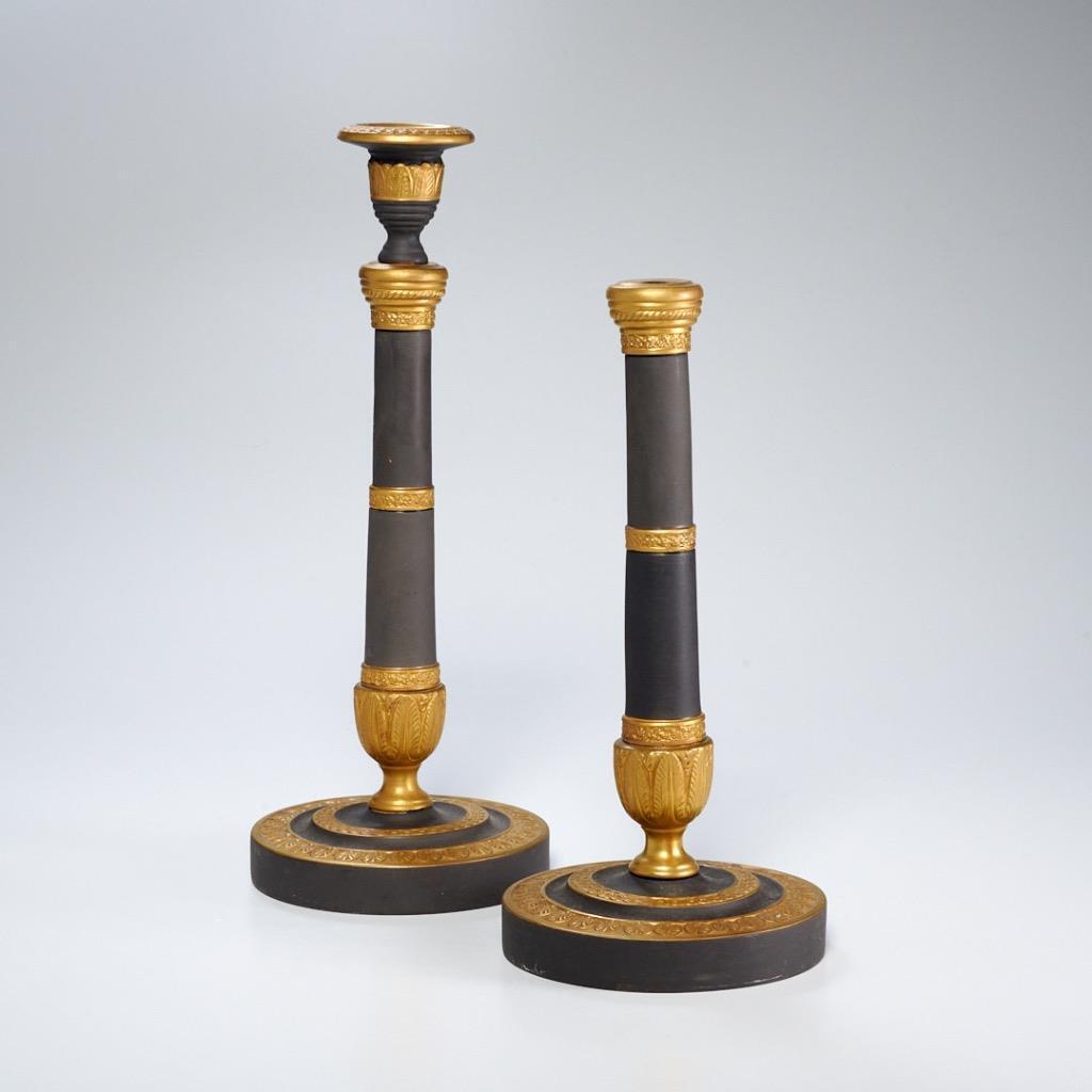 Porcellane D\'Arte Agostinelli Gray Gold Neoclassical Candlestick Holders Pair