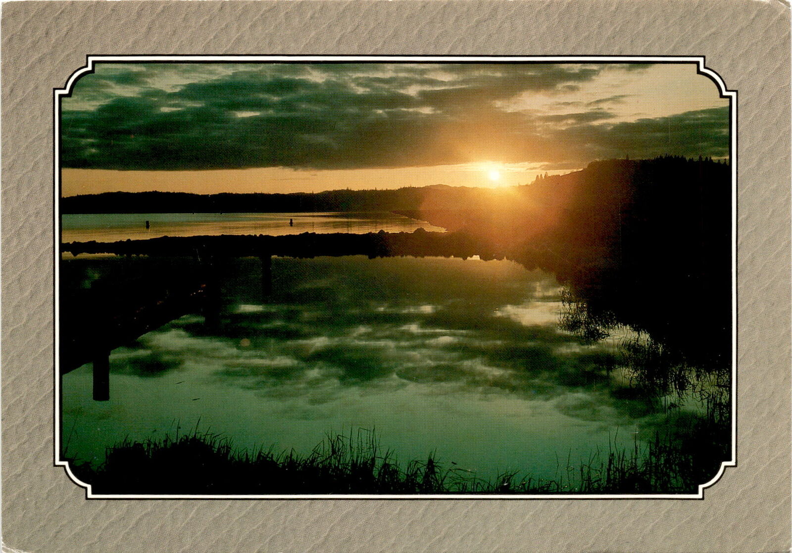 Vintage Postcard: Serene Sunset Reflection over Fernridge Lake