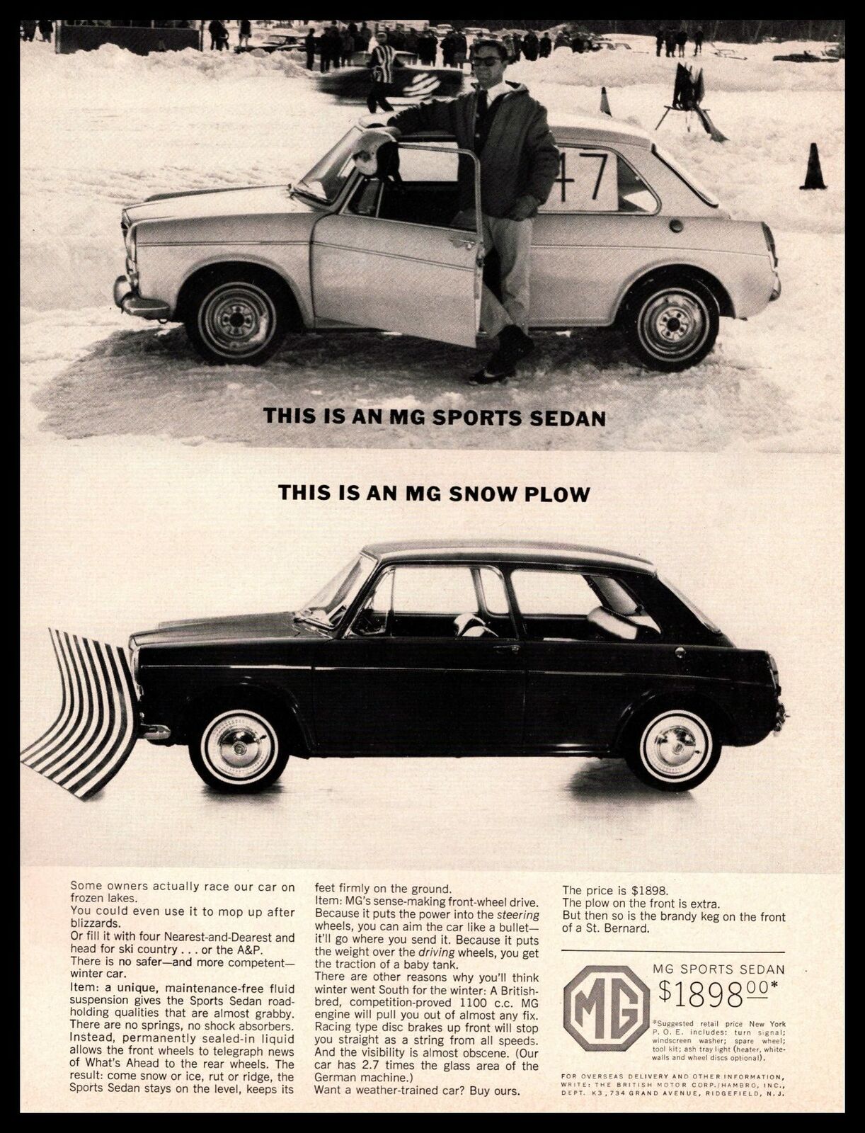 1965 MG Sports Sedan $1898 Snow Plow British Motor Corporation Vintage Print Ad