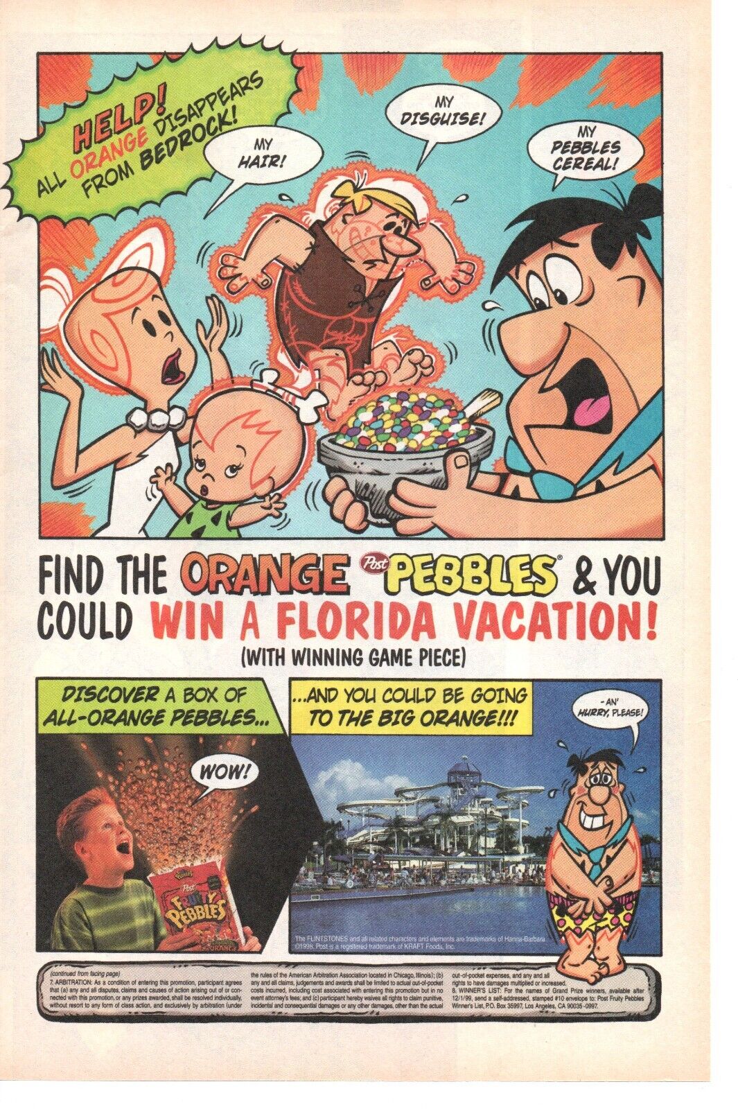 1998 FLINTSTONES Fruity Pebbles Cereal Contest Promo PRINT AD WALL ART - FRED