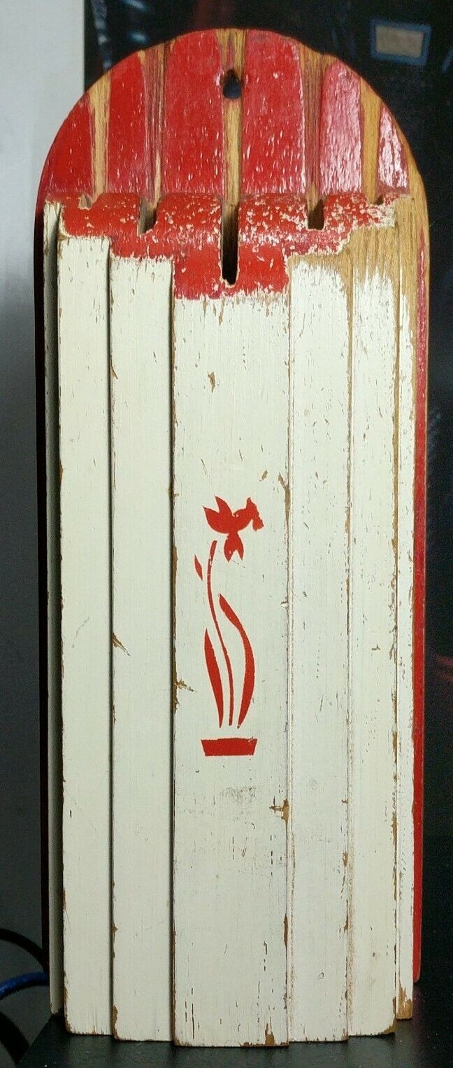 VTG NUWAY 5-Slot Red & Off-White w/ Daffodils Hanging Wood Kitchen Knife Holder 