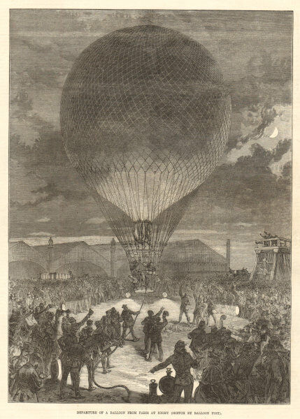 Departure of a balloon from Paris at night. Paris Commune 1870 ILN full page