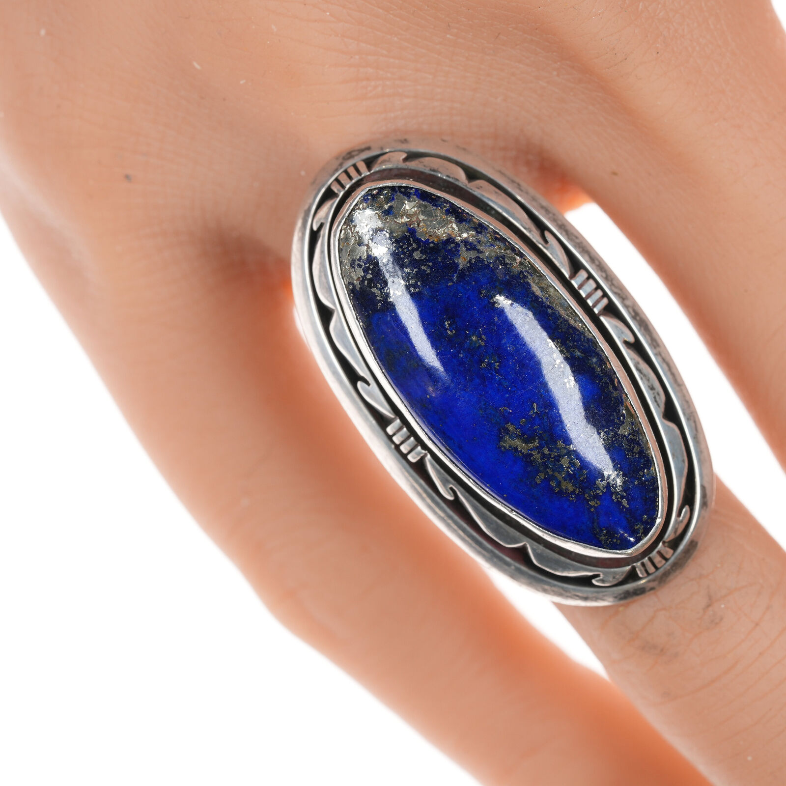 Sz 8 Les Baker (1935-2014) Silver and high pyrite lapis ring