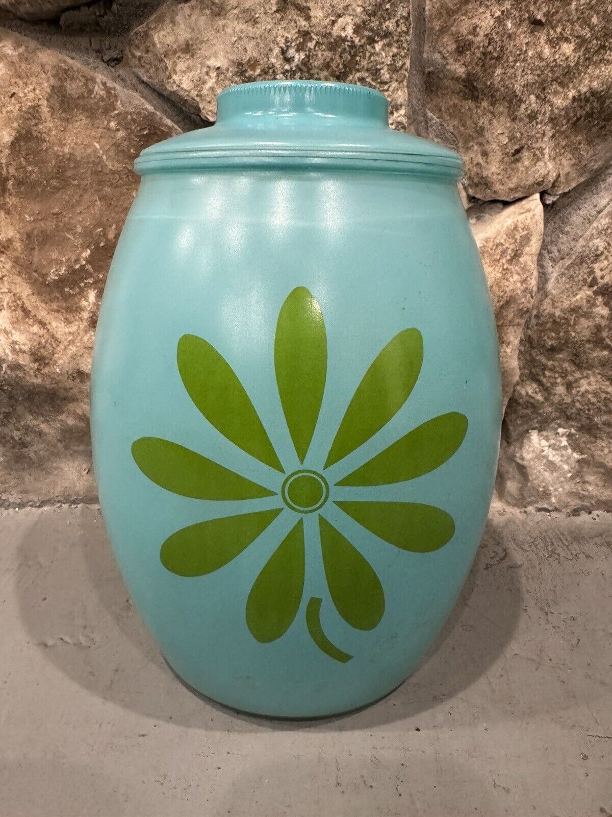 Vintage MCM 60\'s Bartlett Collins Glass Turquoise Cookie Jar w/Green Flower