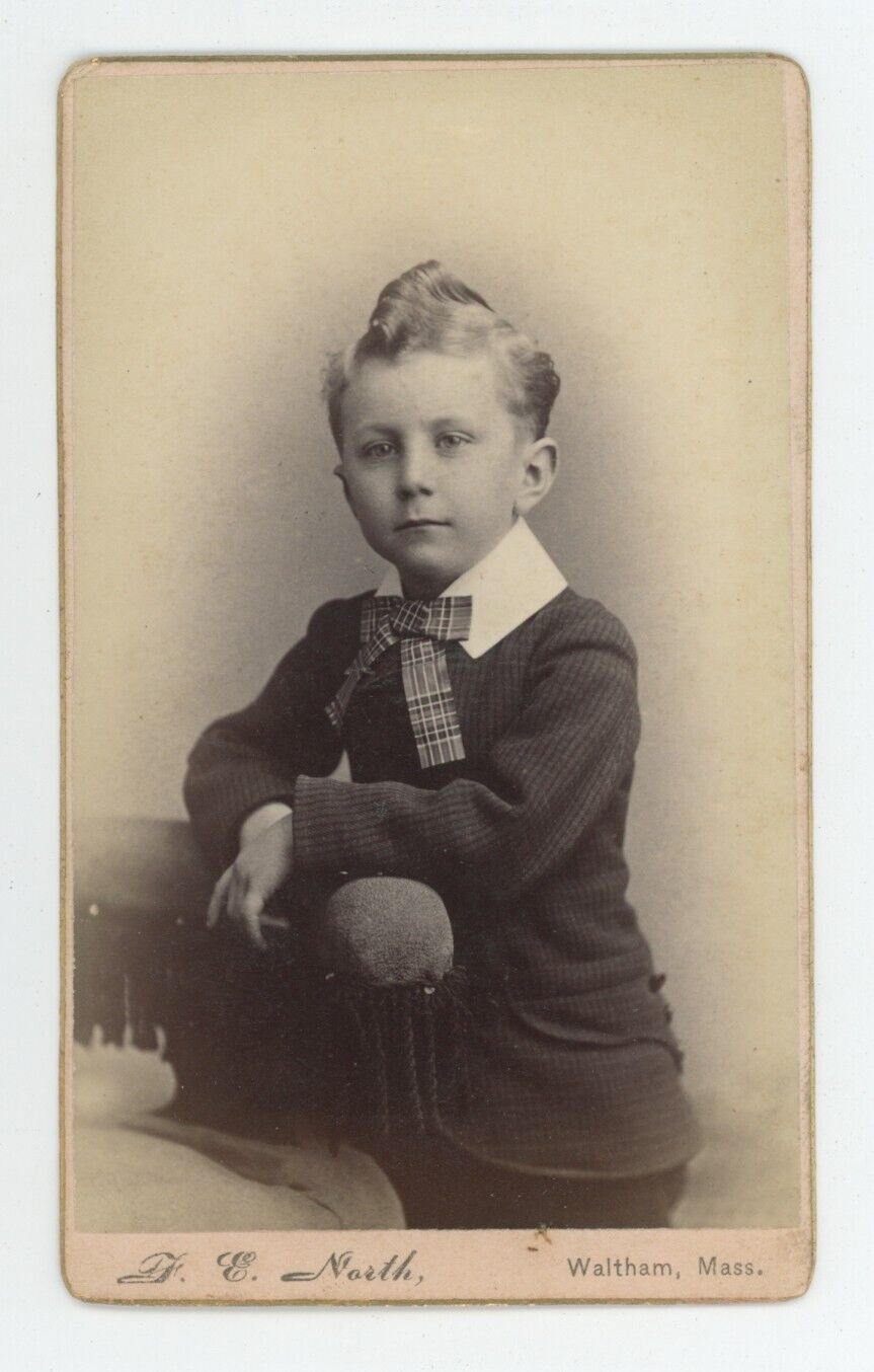 Antique CDV Circa 1870s Handsome Little Boy With Unique Hair Style Waltham, MA