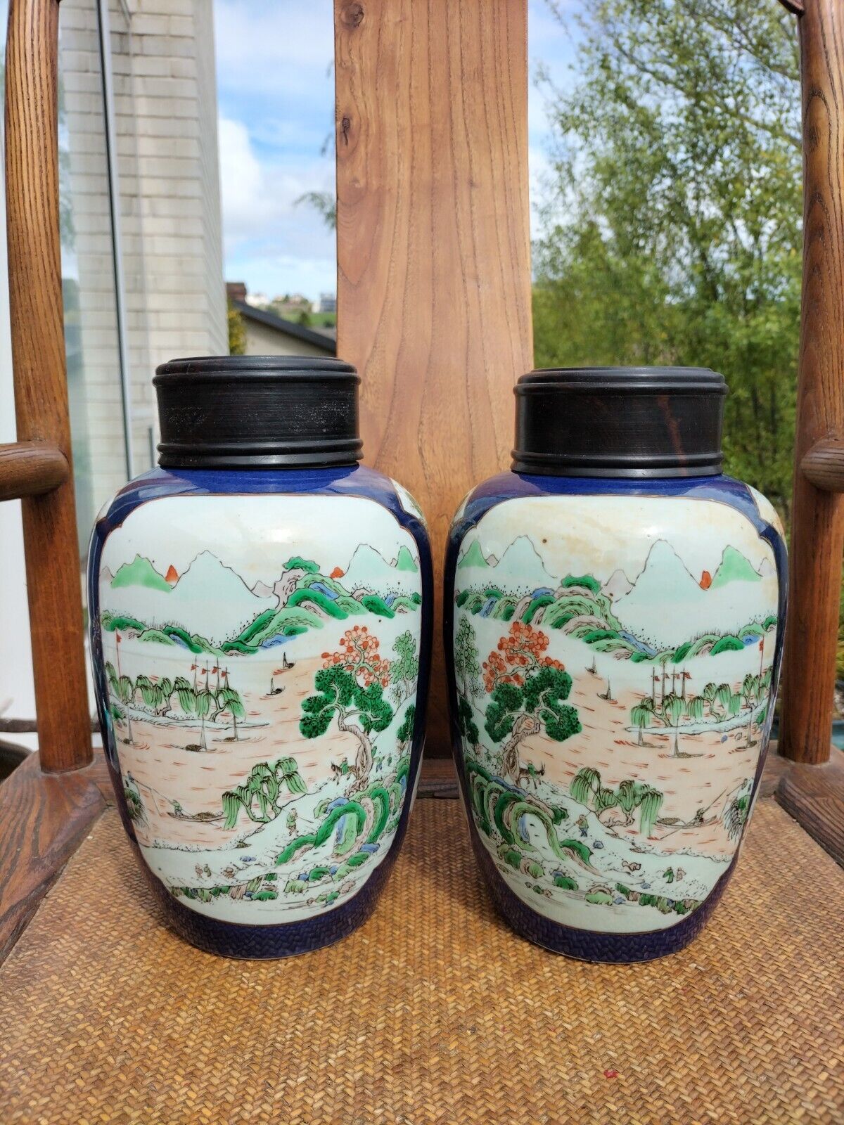Antique Chinese Five Colour Porcelain Pair Jar with Redwood Lid