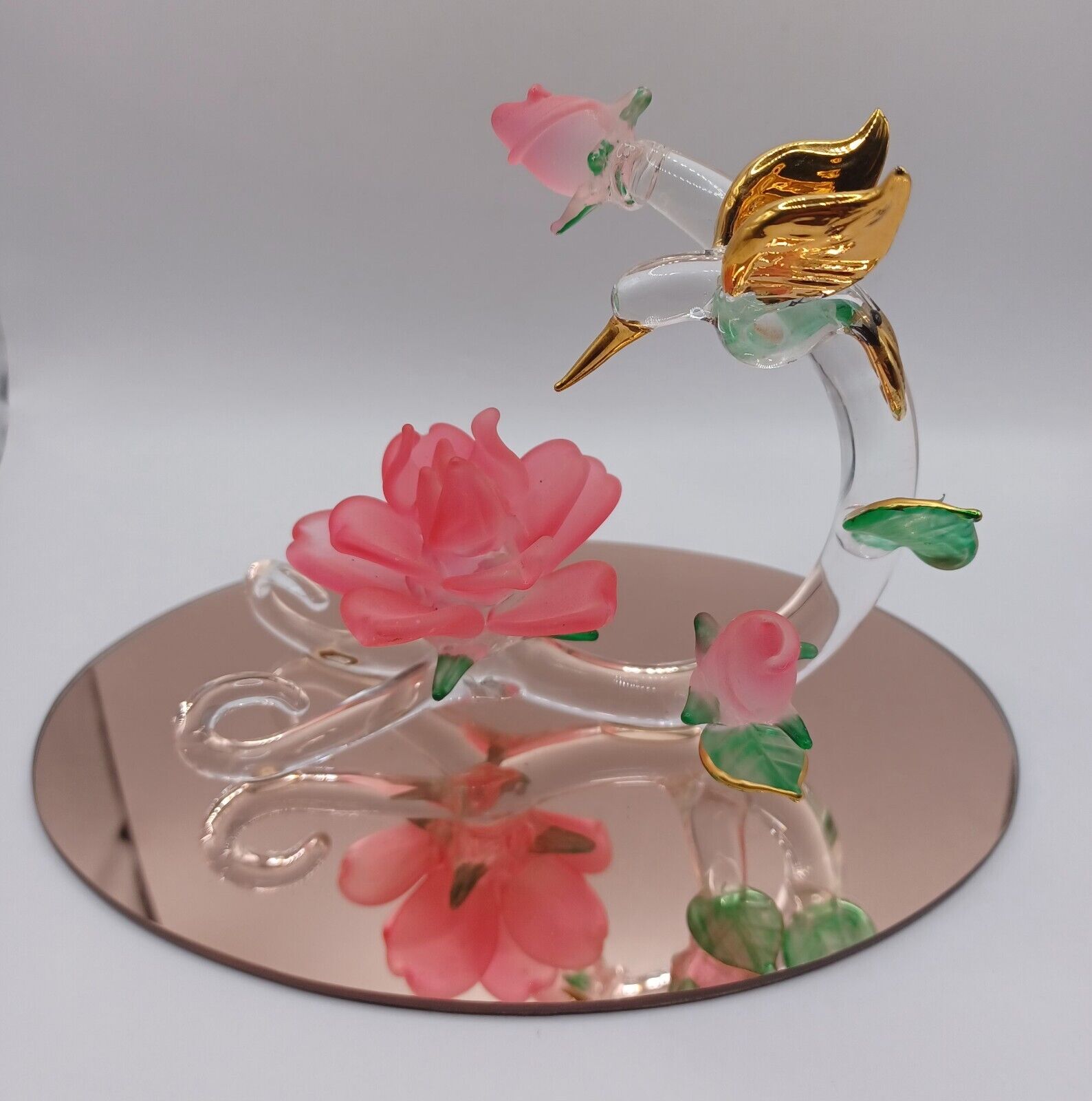 Blown Glass Hummingbird Pink Rose Mirror Base Gold plated