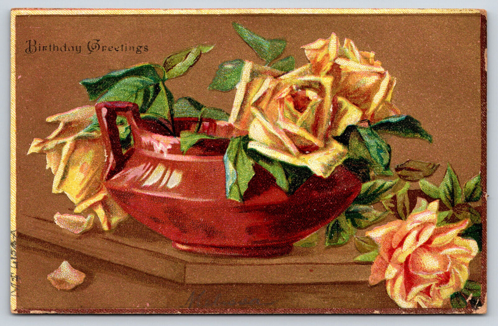 Original Vintage Antique Postcard Birthday Greetings Flowers Embossed Gold 1909