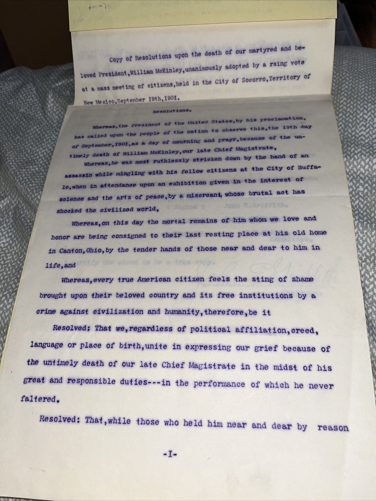1901 Socorro New Mexico Pre Statehood Letter on President McKinley Assassination