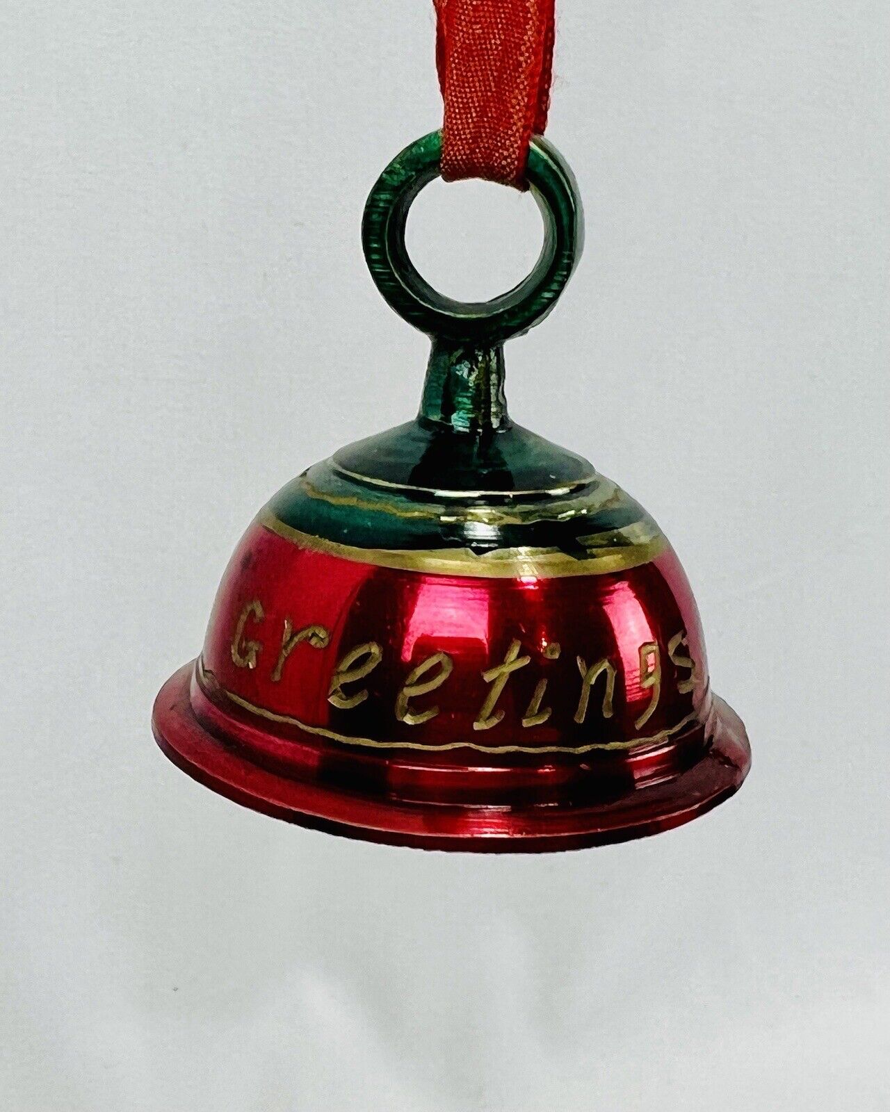 Vintage SARNA India Small Brass Greetings Christmas Bell Red Green Gold Colors