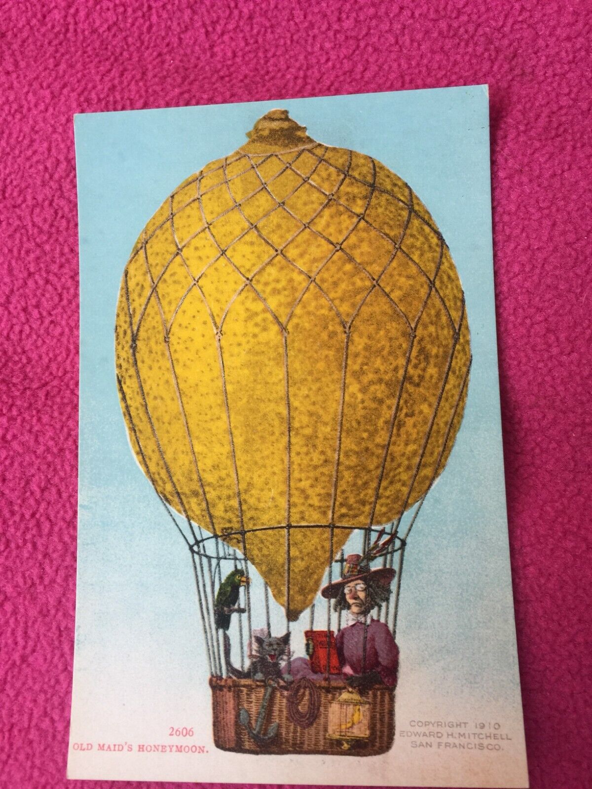 vintage POSTCARD giant CAT witch PARROT exaggerated LEMON hot air balloon