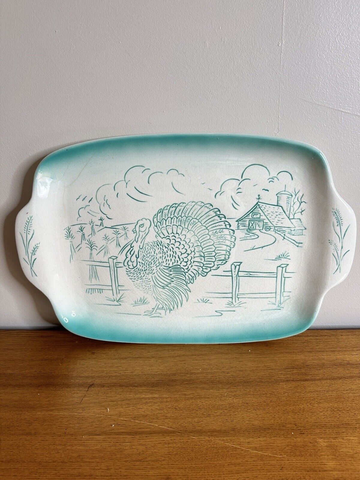 RARE Bell Of California Pottery MCM Turquoise Turkey Platter PLEASE READ