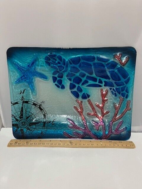 Beautiful Under the Sea handcrafted glass tray plate sea turtle starfish 12 X 9