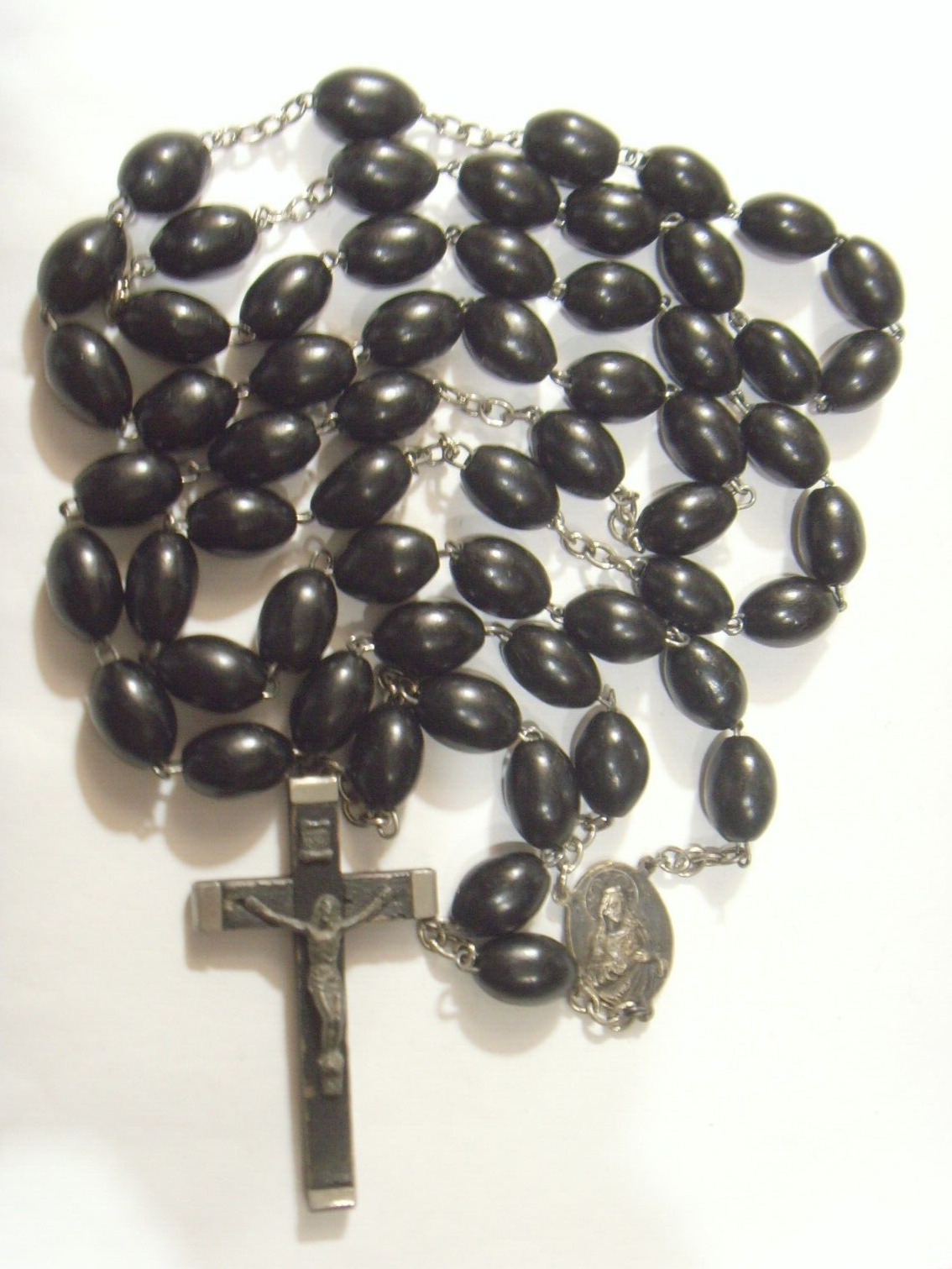 Antique catholic Nuns 30 inch rosary large black beads crucifix religious 53097
