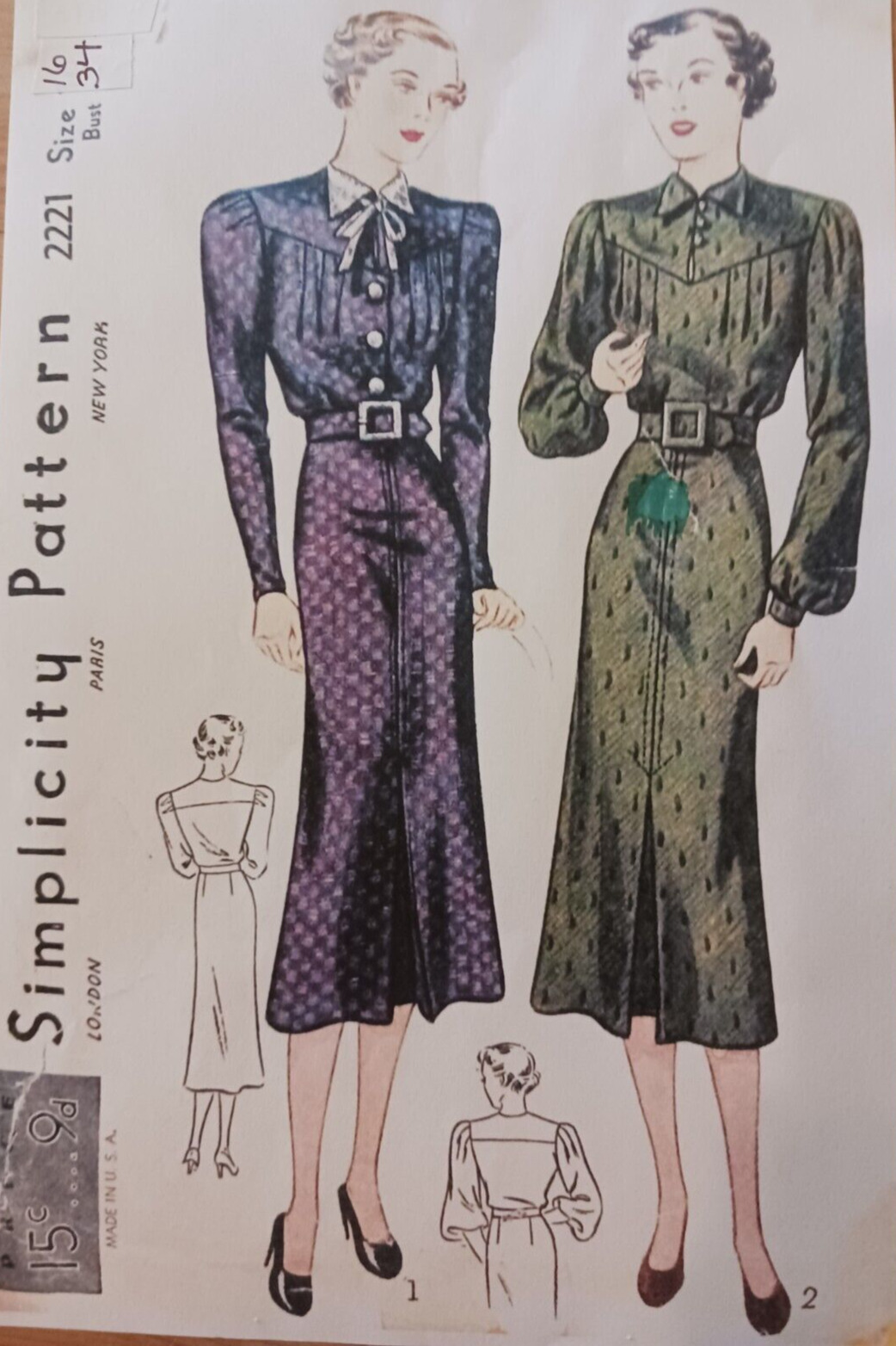 1937  Simplicity Sz 16 Vintage Pattern 2221 Misses Dress