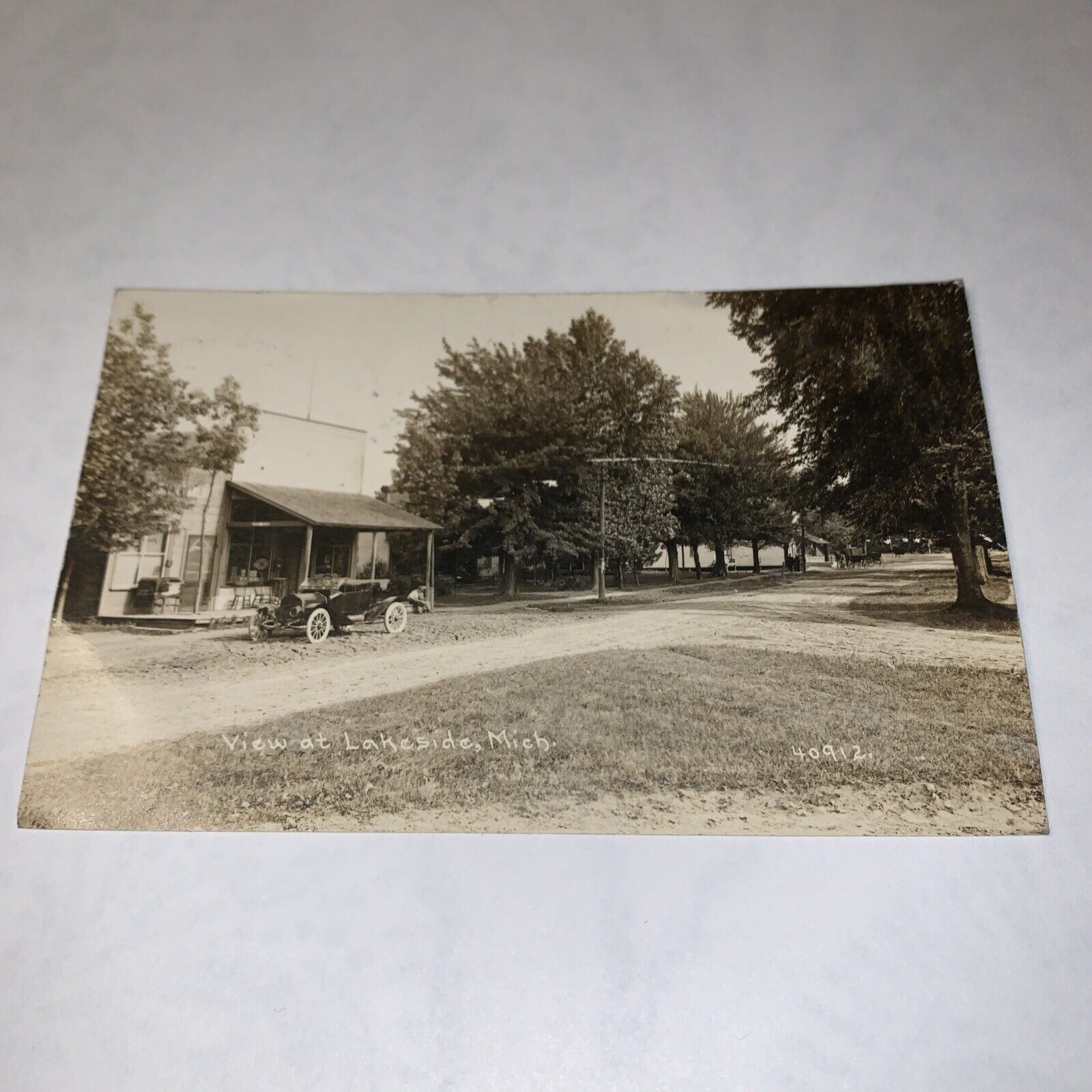 Vintage Photo Postcard 1914 View At Lakeside Michigan Parked Car Nature Store