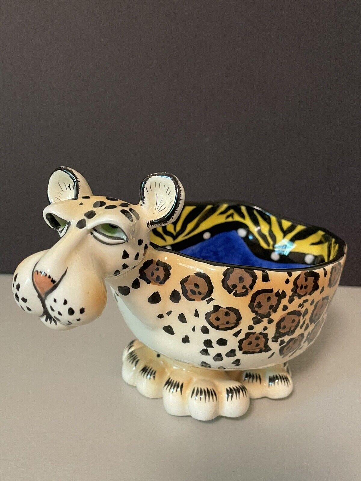 Swak Lynda Corneille Leopard Bowl Character, Signed Collectible, Whimsical