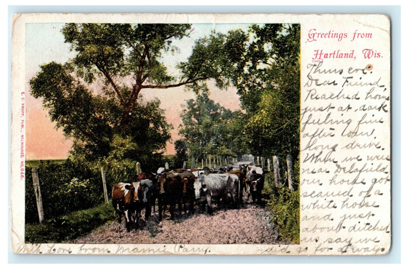 1907 Greetings From Hartland Wisconsin WI Nashotah Antique Postcard