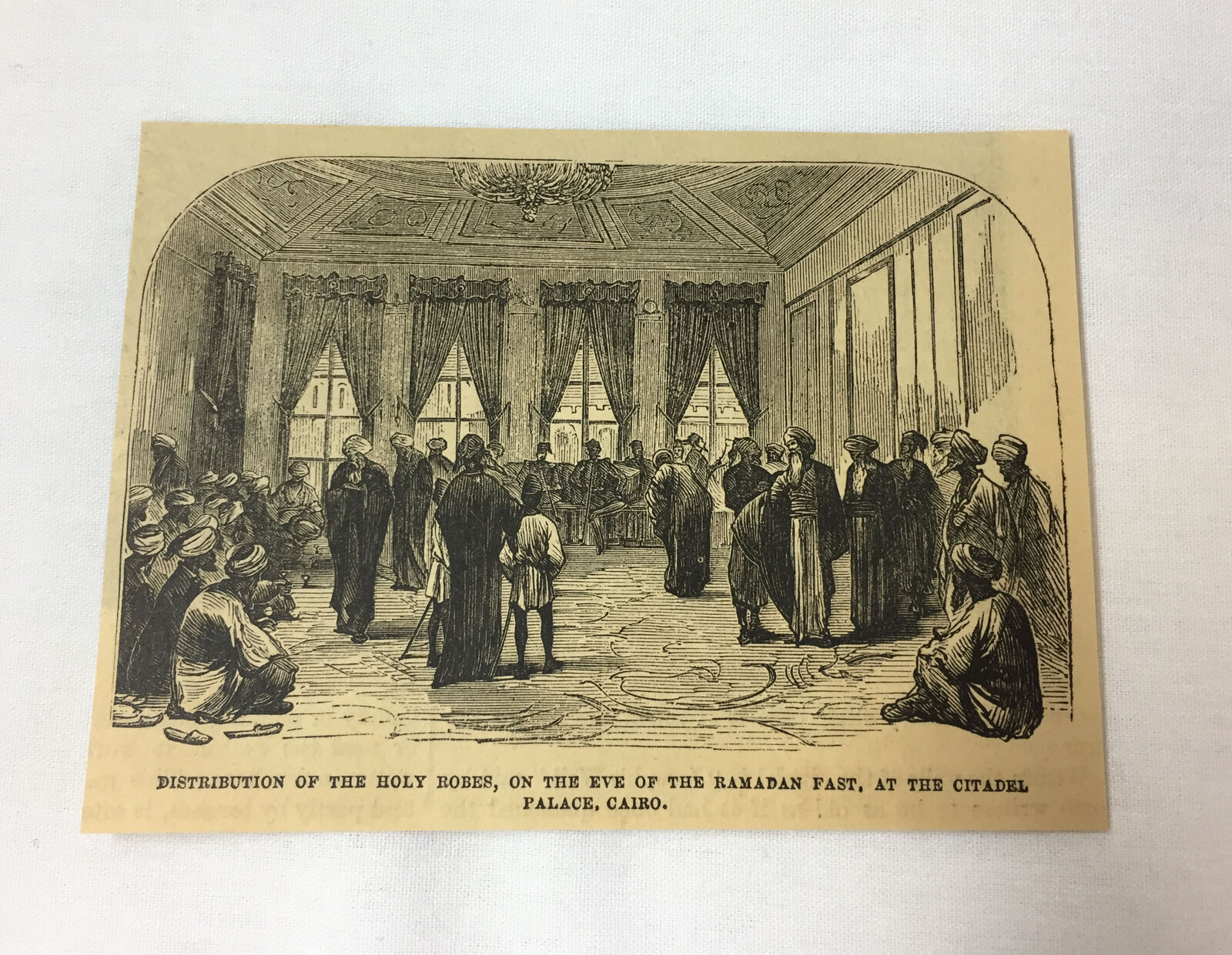 1877 magazine engraving - DISTRIBUTION HOLY ROBES Eve Of Ramadan, Cairo Egypt