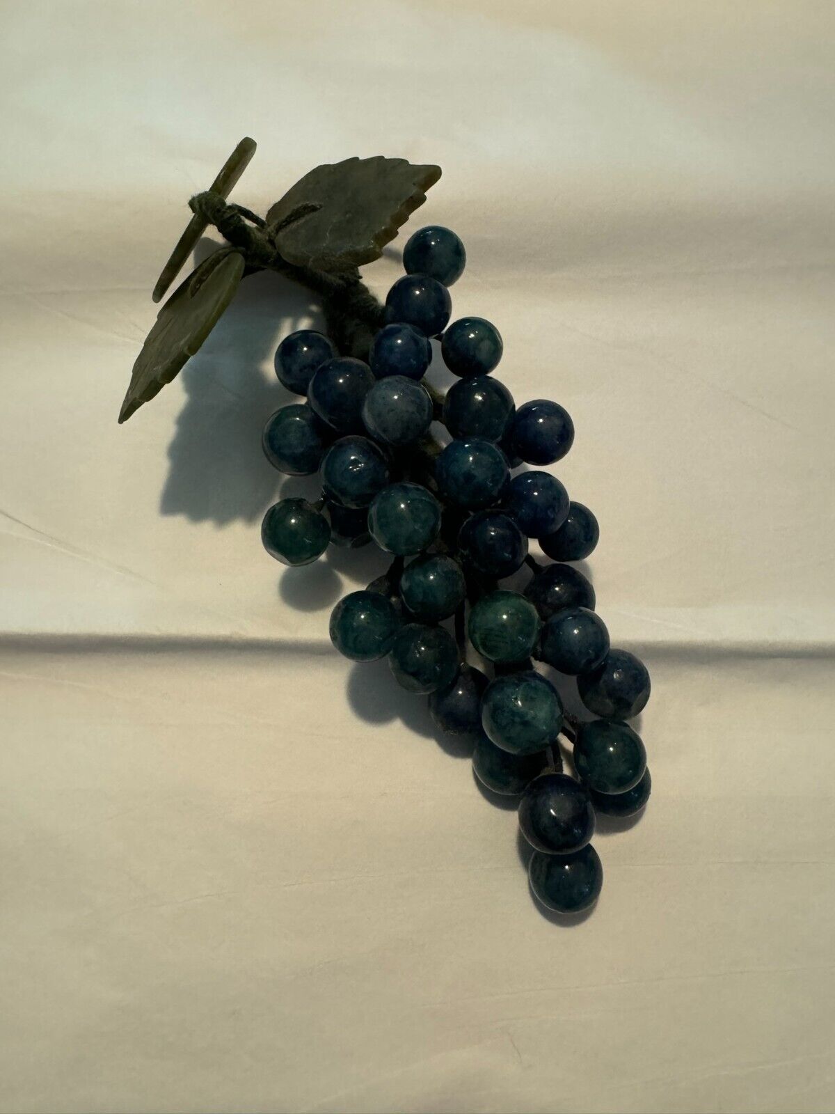 Vintage MCM Glass Blue Purple Grape Cluster with Jade Leaves 10” Blown Glass