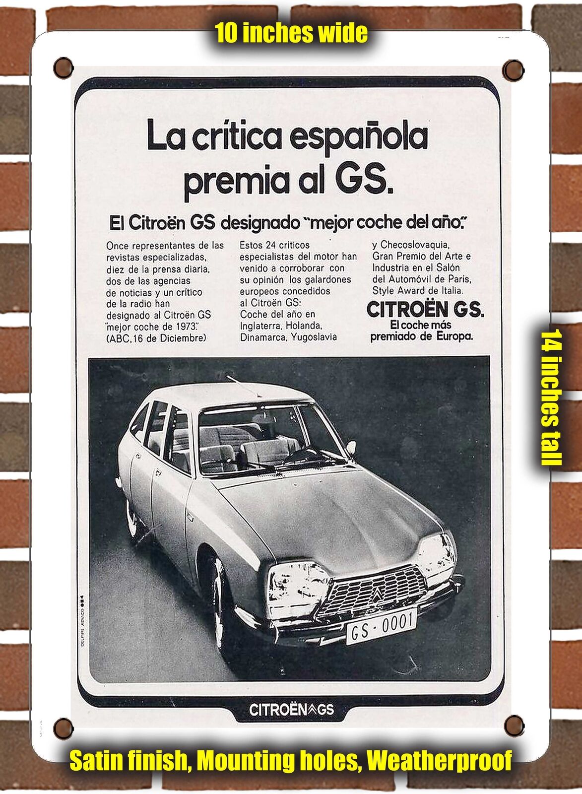 METAL SIGN - 1974 Citroen GS Best car of the year