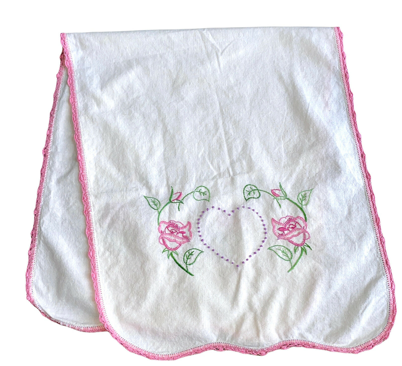 Vintage Heart Rose Embroidered Table Runner Crochet Lace Doily Valentine