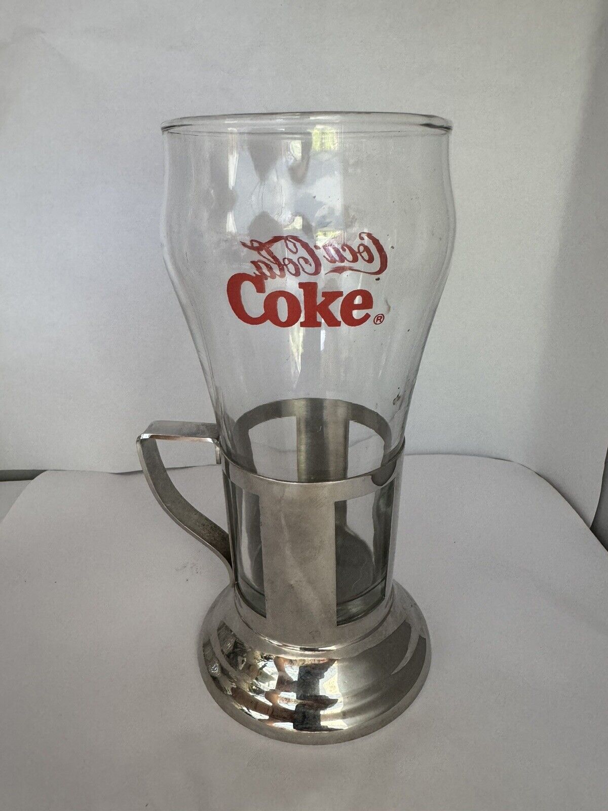 Vintage Coca Cola Flared Drinking Glass & Metal Holder