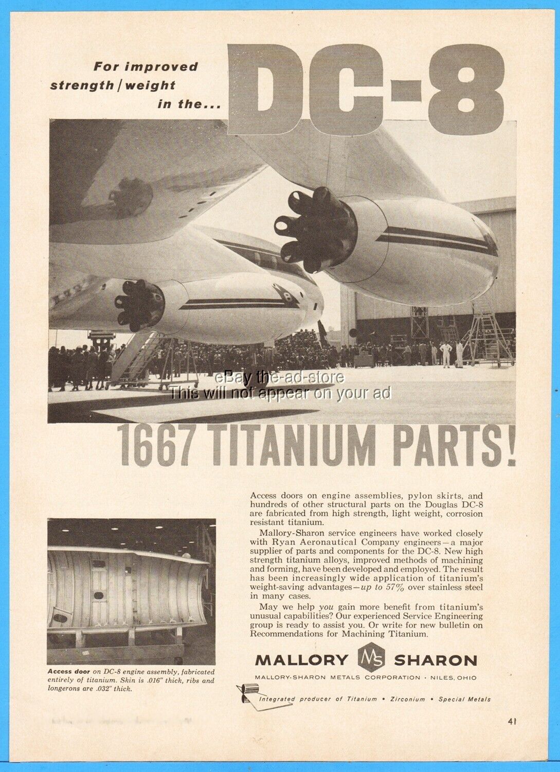 1959 Mallory Sharon Metals Corp Niles OH Douglas Aircraft DC-8 Titanium Parts Ad