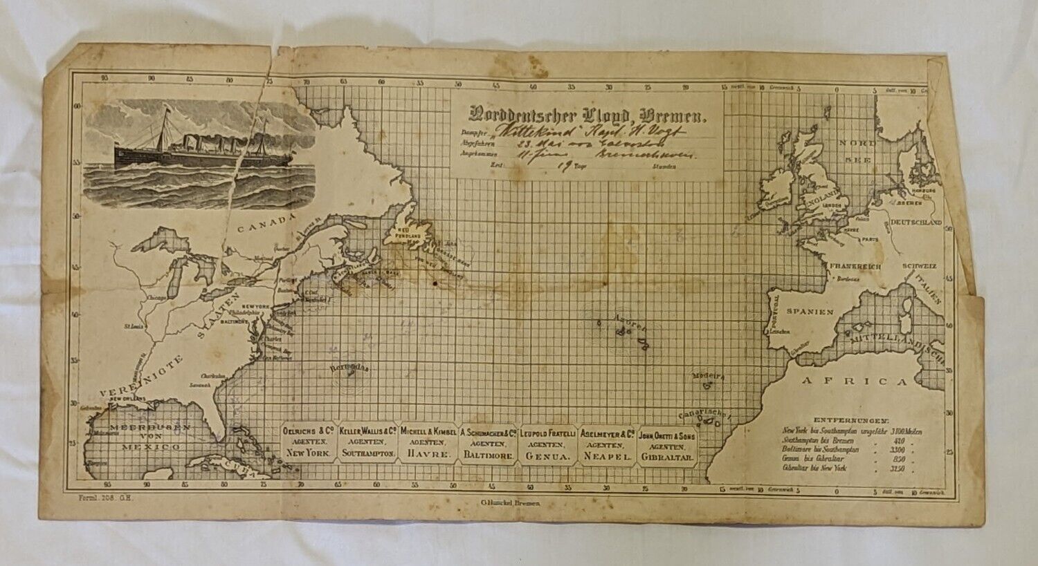 Norddeutscher Lloyd Breman Ship Line Map Germany- Galveston TX 1890s Map