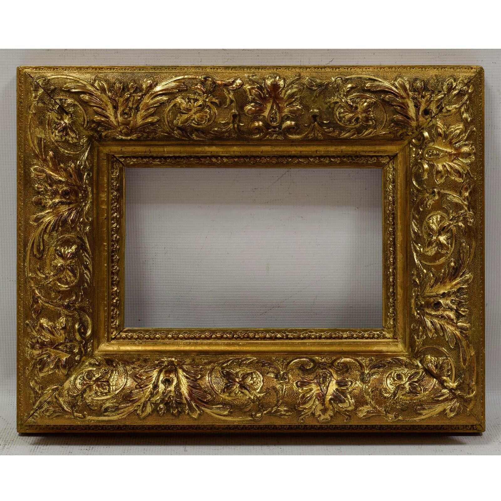 Ca.1850-1900 Old wooden frame decorative with metal leaf Internal: 12.5x8.6 in