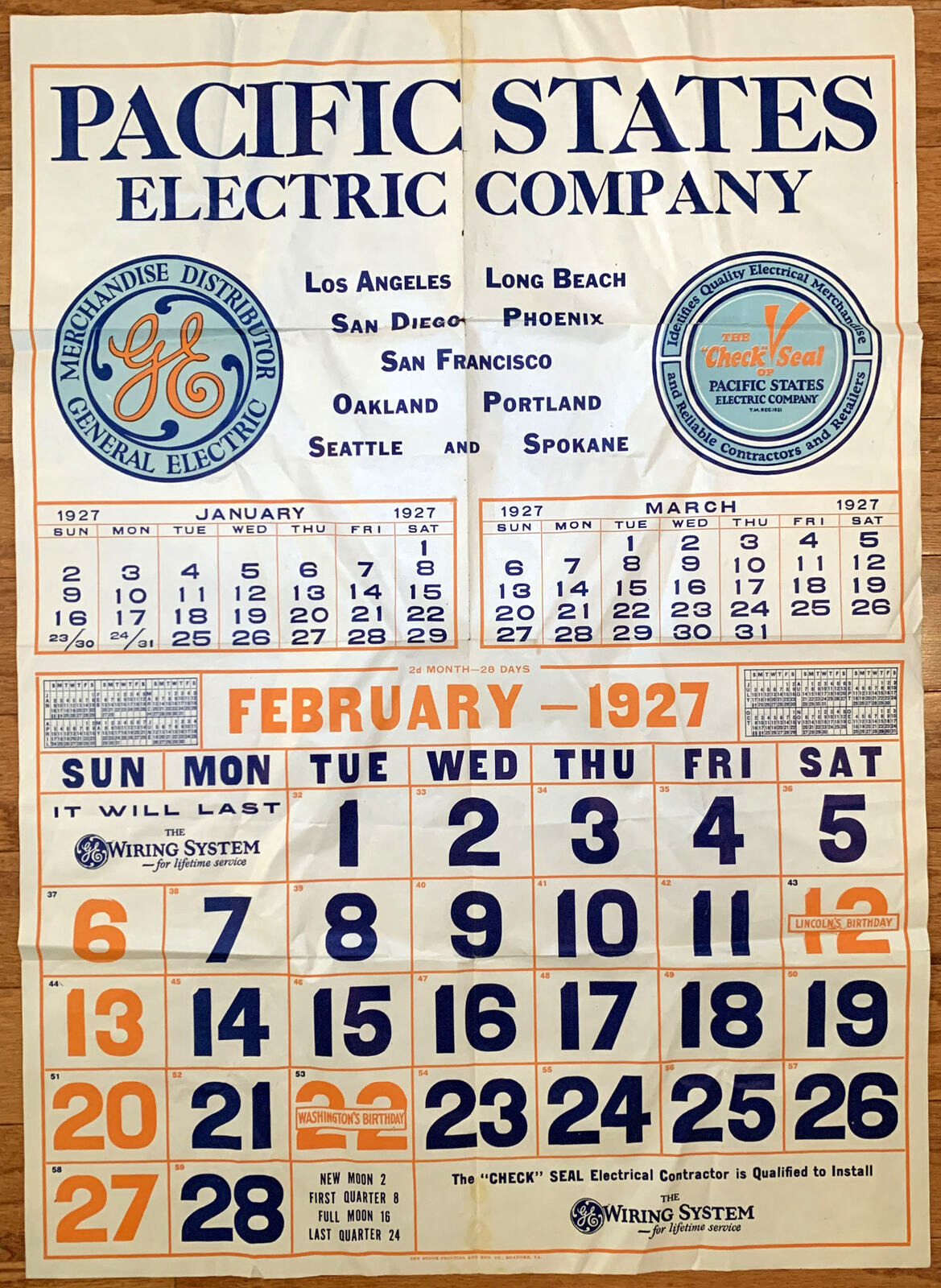 1920s General Electric Calendar Pacific States Company 20  x 27.5  Vintage 1927