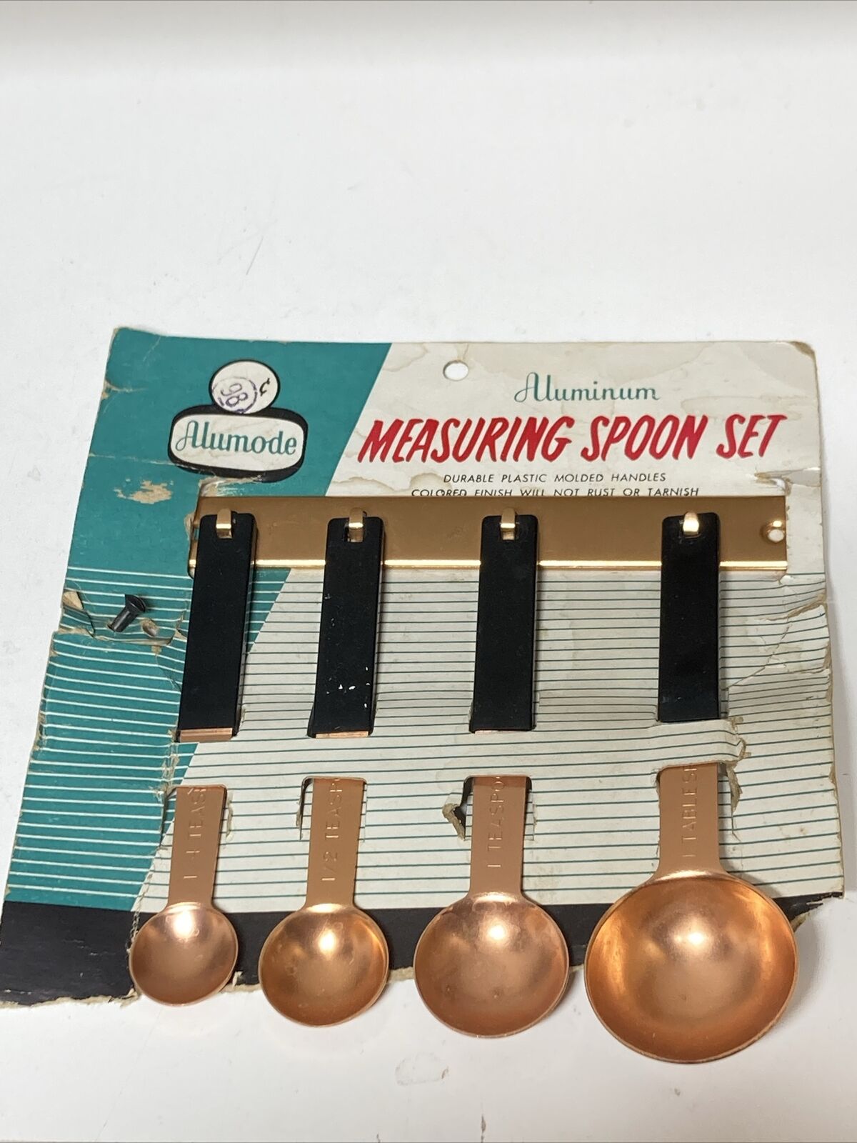VTG 60s Aluminum Measuring Spoons 4 Pc Set Hang Copper Color NOS Advertising NIP