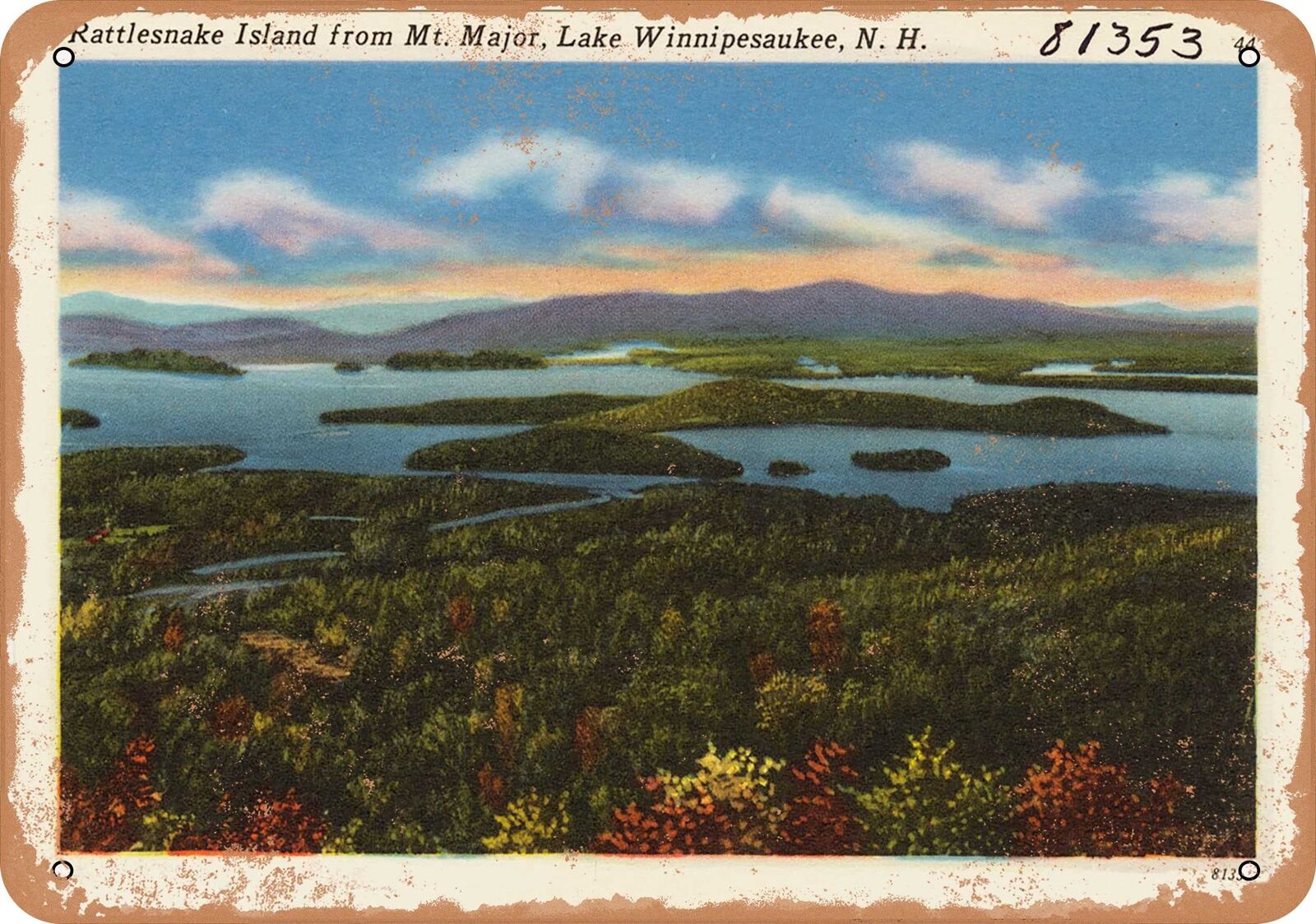 Metal Sign - New Hampshire Postcard - Rattlesnake Island from Mt. Major, Lake W