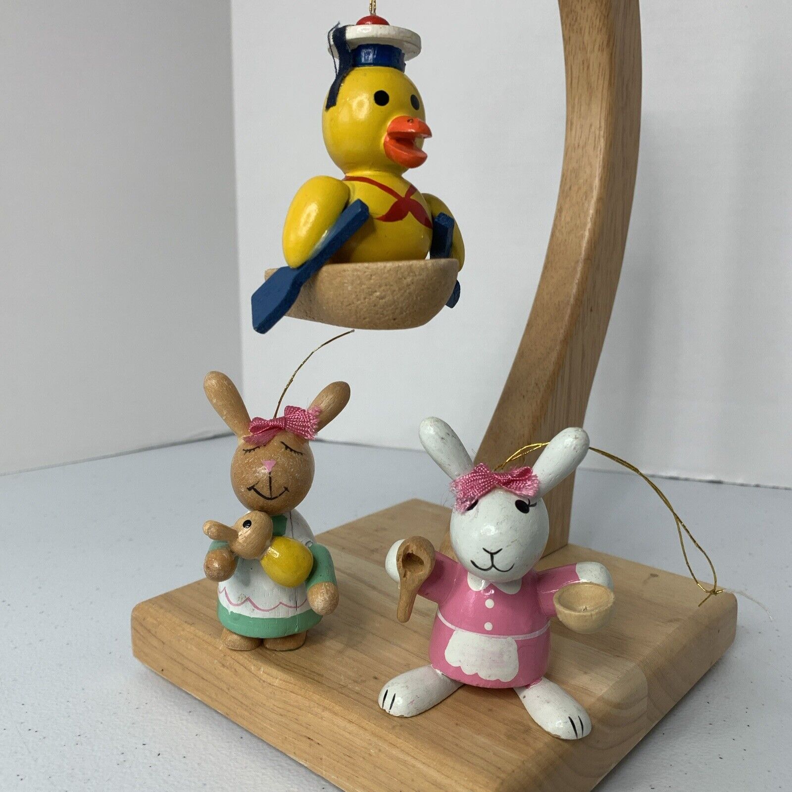 Lot of 3 Vintage Wooden Bunny Rabbit Duck Figurine Easter Ornaments 1980s Dakin