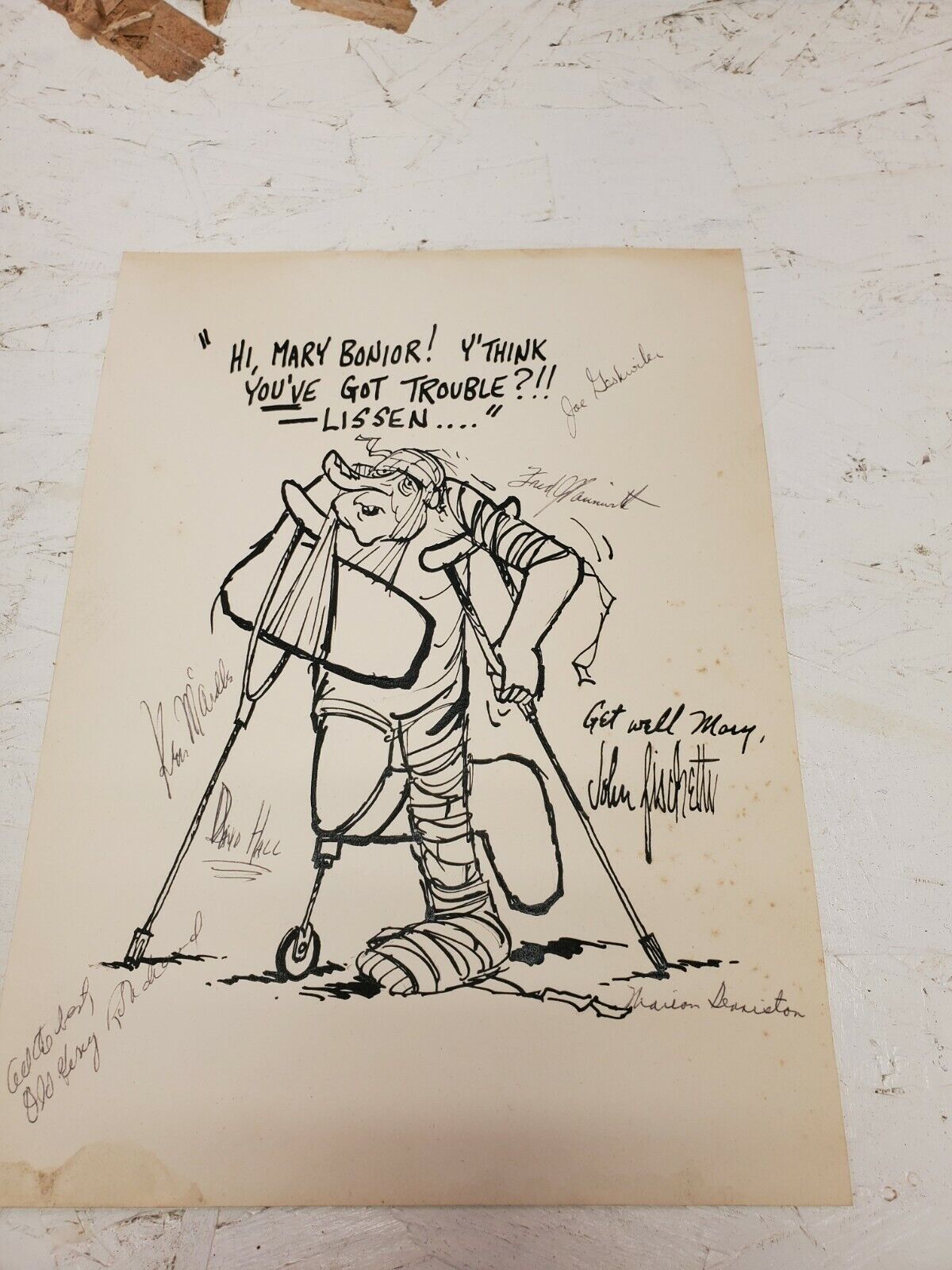 Hand Drawn Signed Inscribed John Fischetti Get Well Card Chicago Daily News (dd)