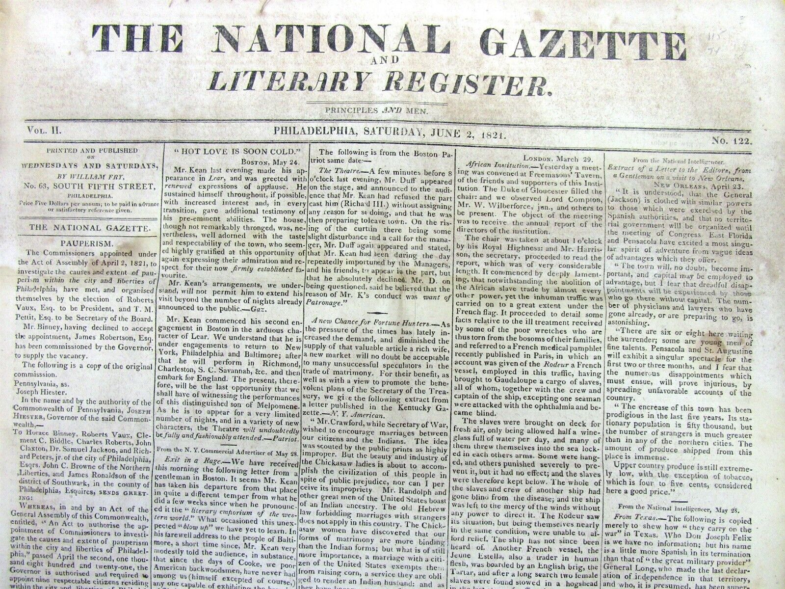 1821 newspaper LONG EXPEDITION - The 1st attempt by Americans to take over TEXAS